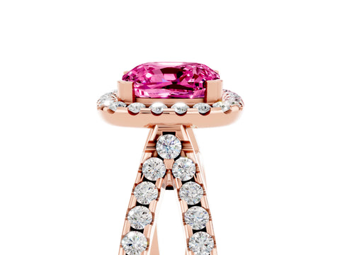 Rose gold Cushion Cut Pink Sapphire Halo Ring with Split Shank Pavé Band and Prong Setting_17