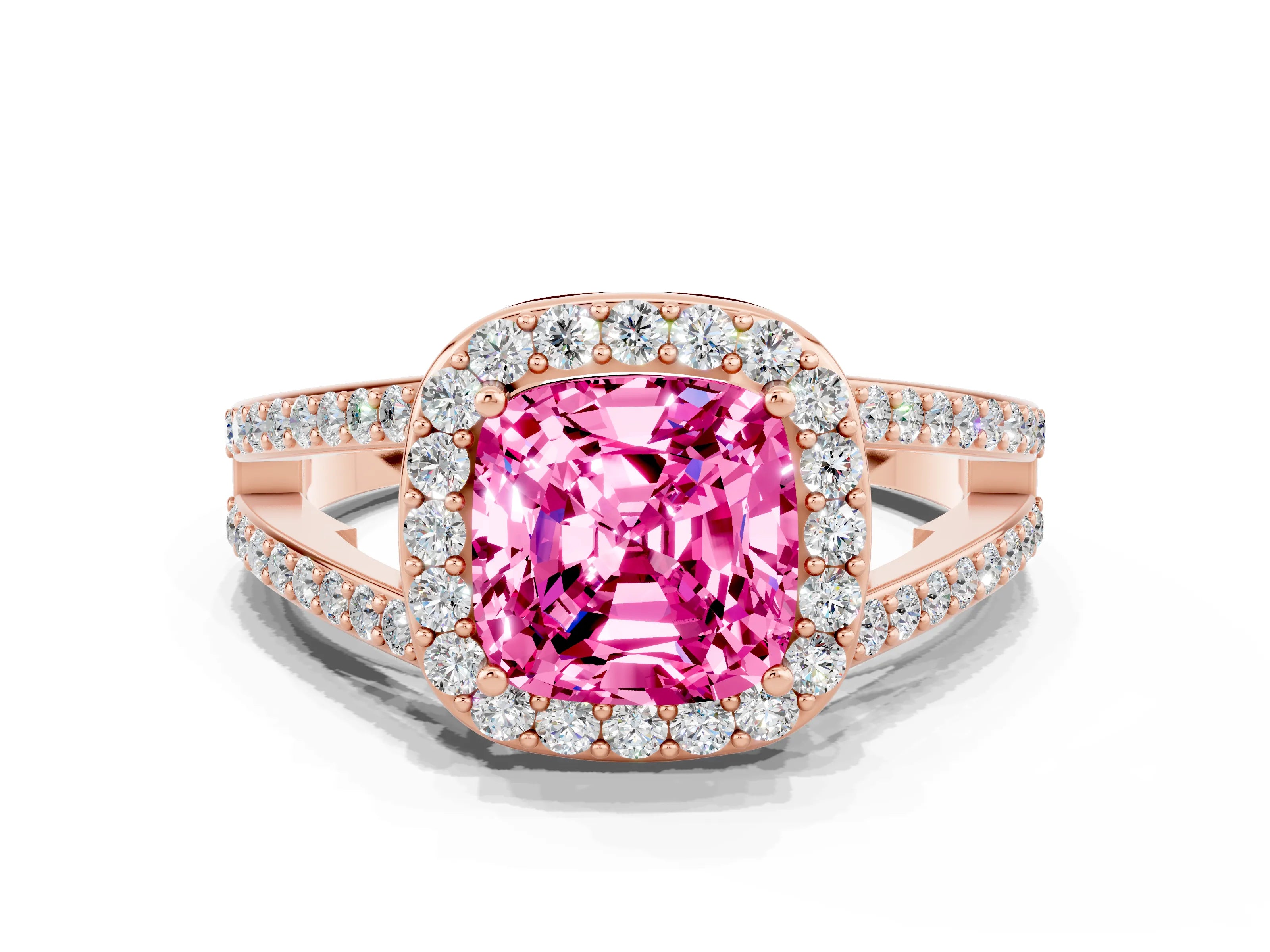 Rose gold Cushion Cut Pink Sapphire Halo Ring with Split Shank U-Prong Band and Four-Prong Setting