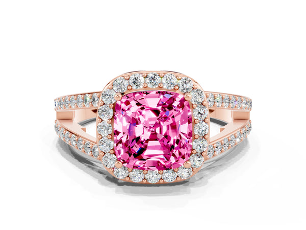 Rose gold Cushion Cut Pink Sapphire Halo Ring with Split Shank U-Prong Band and Four-Prong Setting