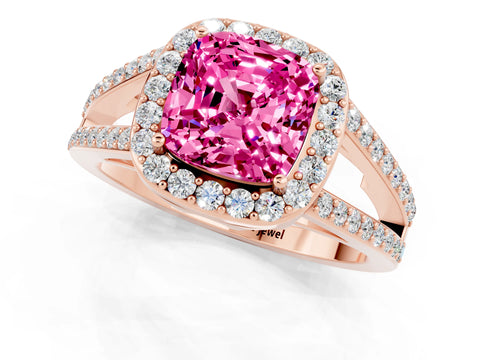 Rose gold Cushion Cut Pink Sapphire Halo Ring with Split Shank U-Prong Band and Four-Prong Setting_1