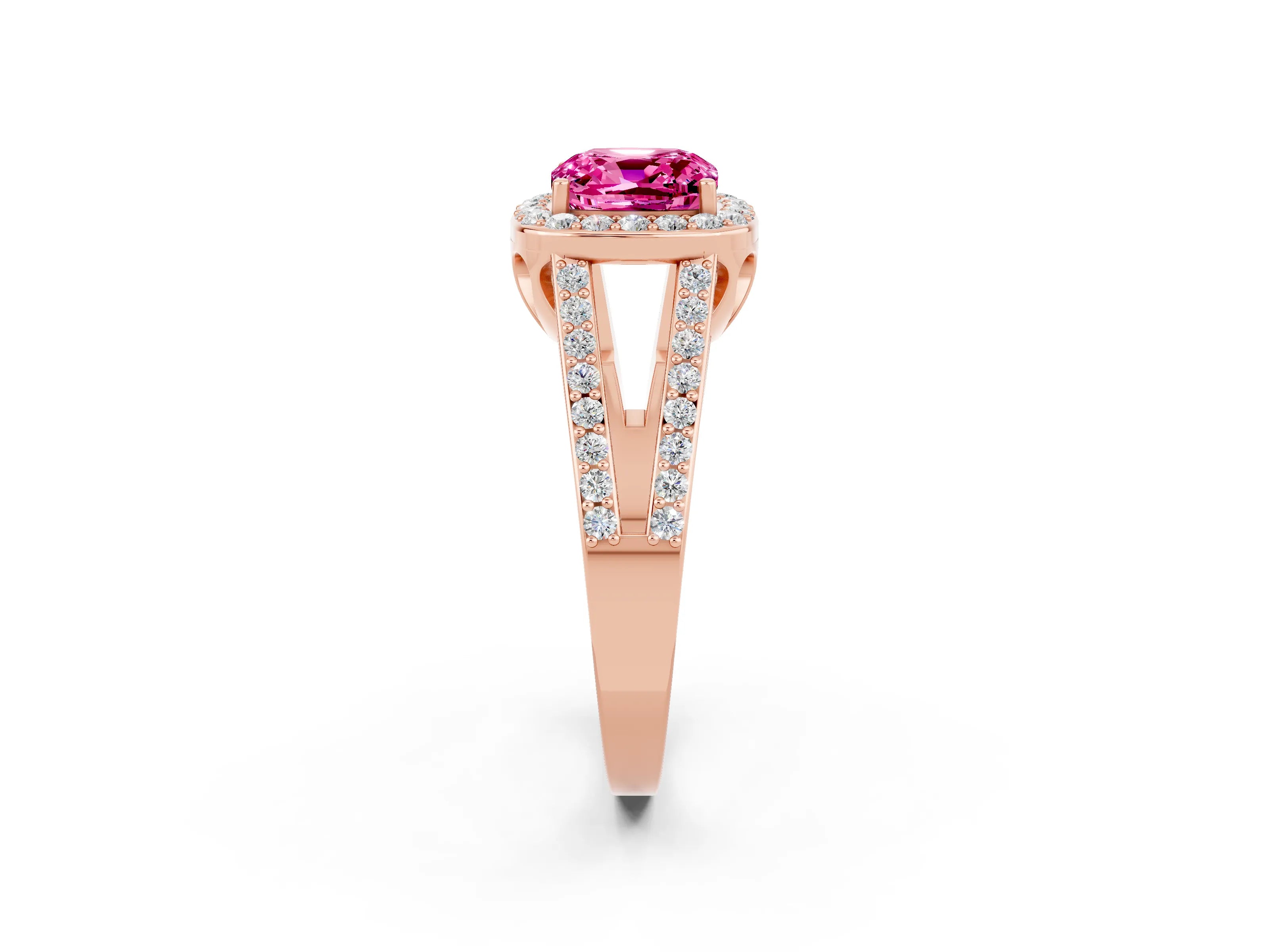 Rose gold Cushion Cut Pink Sapphire Halo Ring with Split Shank U-Prong Band and Four-Prong Setting_2