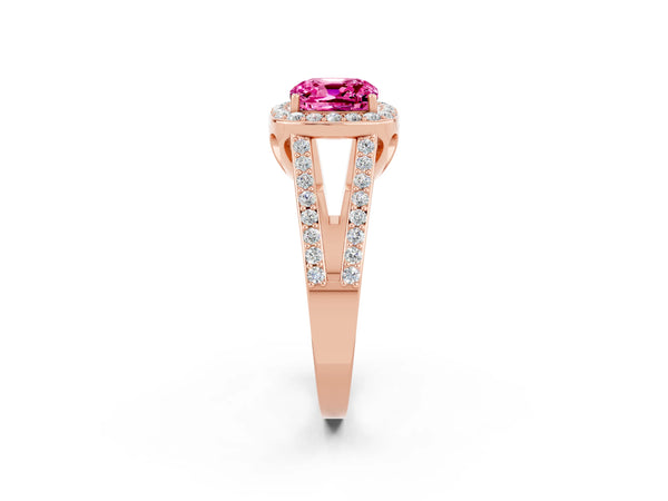 Rose gold Cushion Cut Pink Sapphire Halo Ring with Split Shank U-Prong Band and Four-Prong Setting