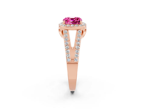 Rose gold Cushion Cut Pink Sapphire Halo Ring with Split Shank U-Prong Band and Four-Prong Setting_2