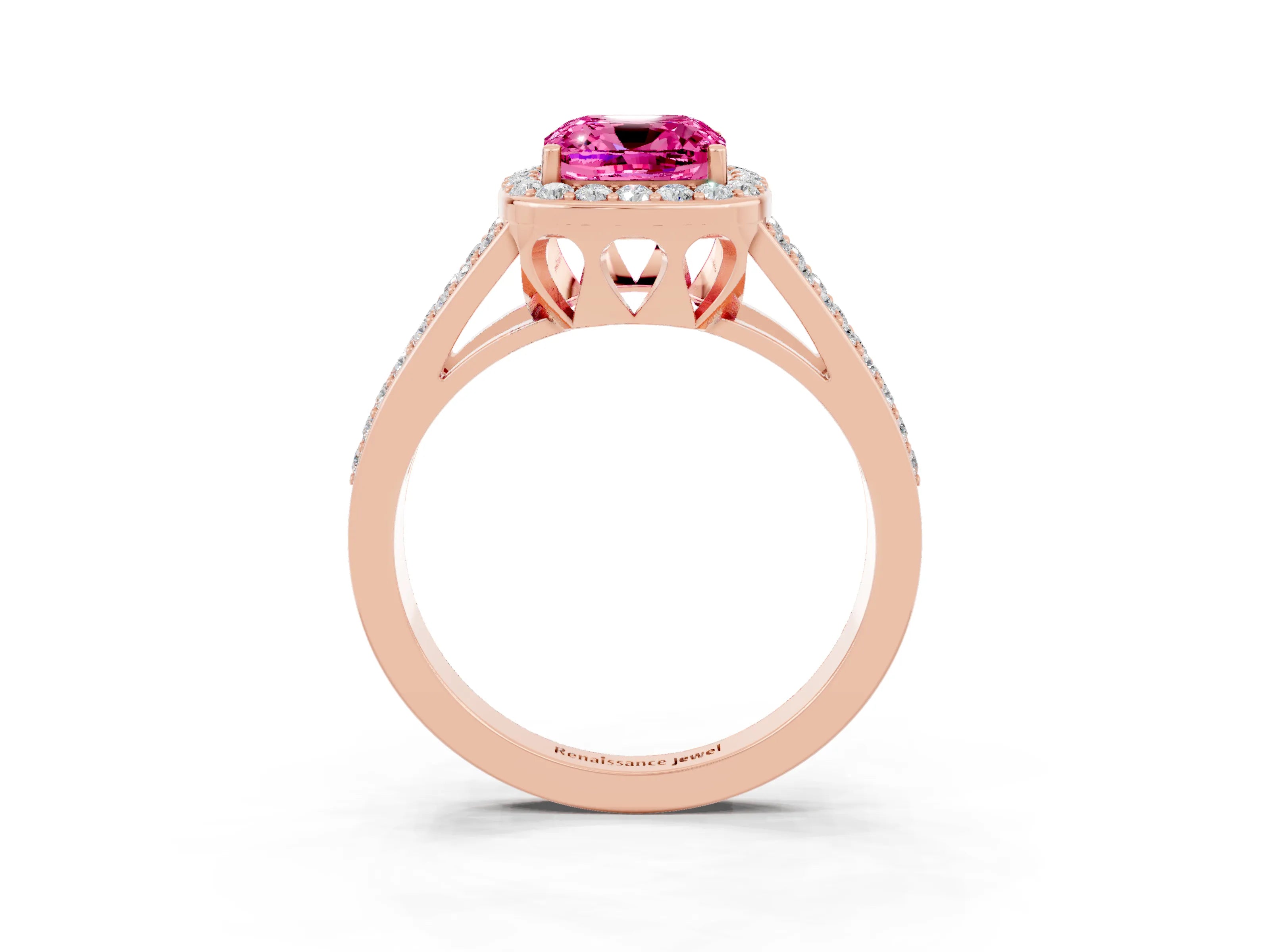 Rose gold Cushion Cut Pink Sapphire Halo Ring with Split Shank U-Prong Band and Four-Prong Setting_3