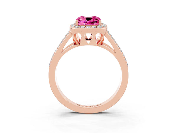 Rose gold Cushion Cut Pink Sapphire Halo Ring with Split Shank U-Prong Band and Four-Prong Setting