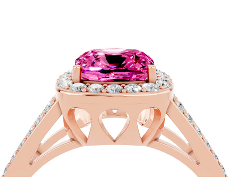 Rose gold Cushion Cut Pink Sapphire Halo Ring with Split Shank U-Prong Band and Four-Prong Setting_4