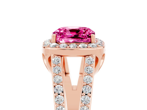 Rose gold Cushion Cut Pink Sapphire Halo Ring with Split Shank U-Prong Band and Four-Prong Setting_5