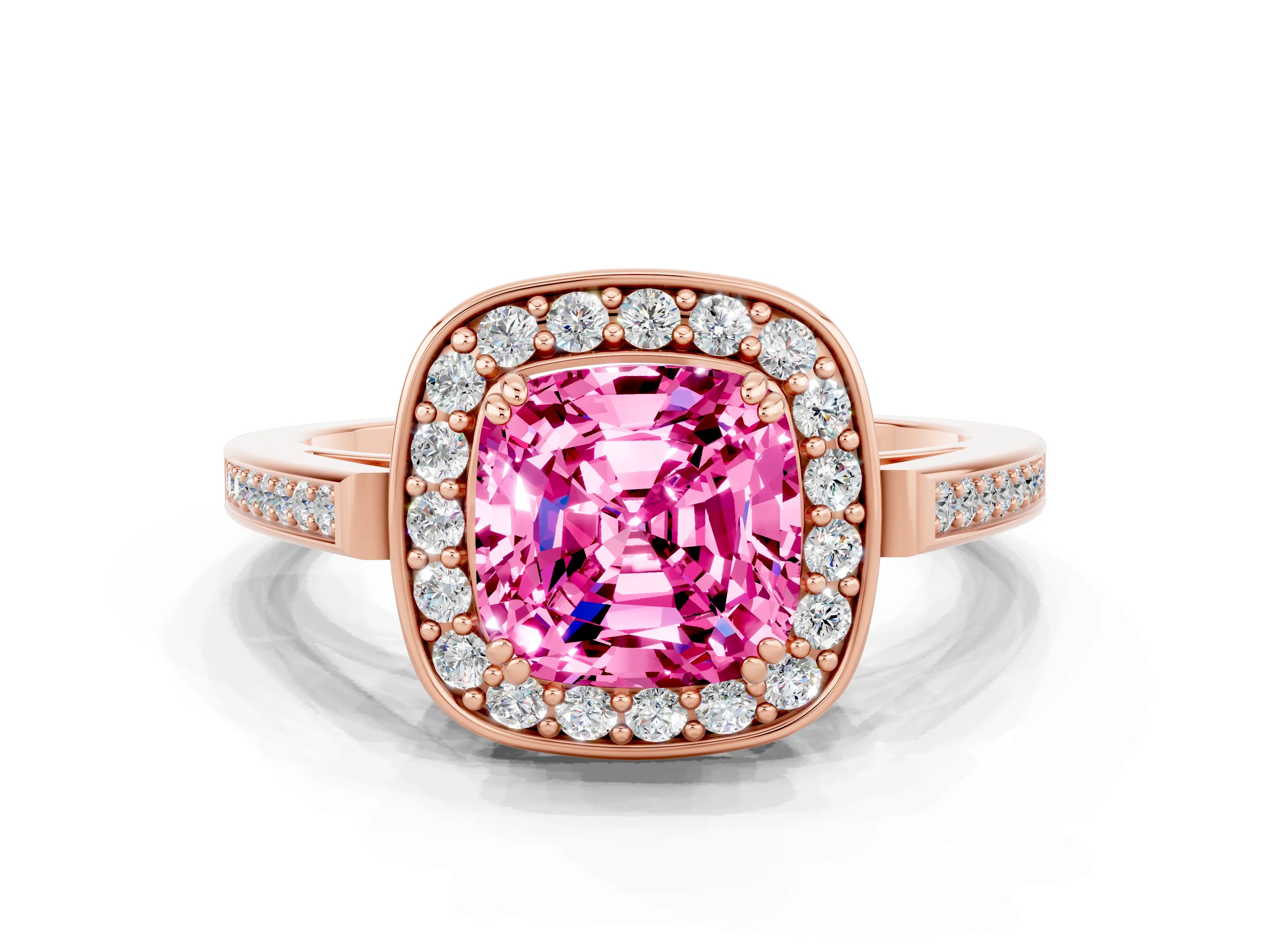 Rose gold Cushion Cut Pink Sapphire Halo Ring with Split Shank and Four-Prong Setting_12