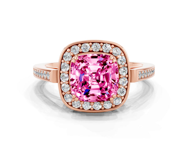Rose gold Cushion Cut Pink Sapphire Halo Ring with Split Shank and Four-Prong Setting