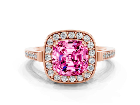 Rose gold Cushion Cut Pink Sapphire Halo Ring with Split Shank and Four-Prong Setting_12