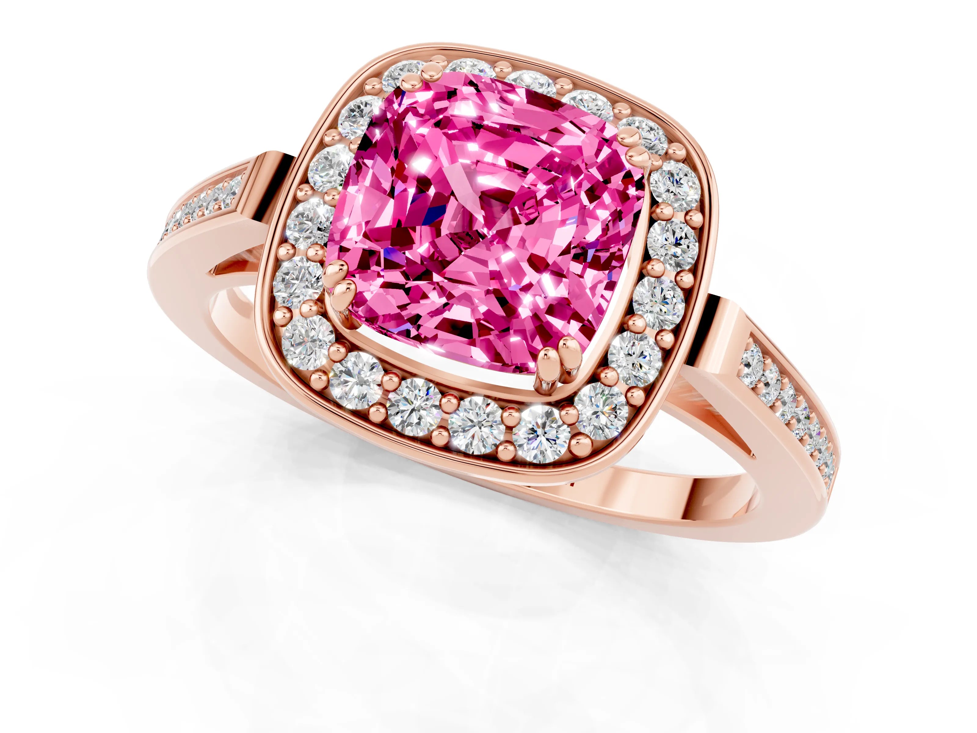 Rose gold Cushion Cut Pink Sapphire Halo Ring with Split Shank and Four-Prong Setting_13