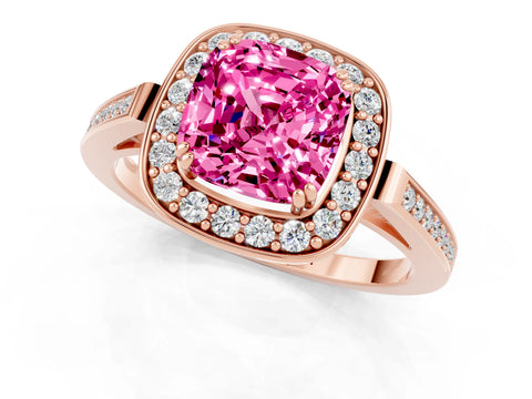 Rose gold Cushion Cut Pink Sapphire Halo Ring with Split Shank and Four-Prong Setting_13