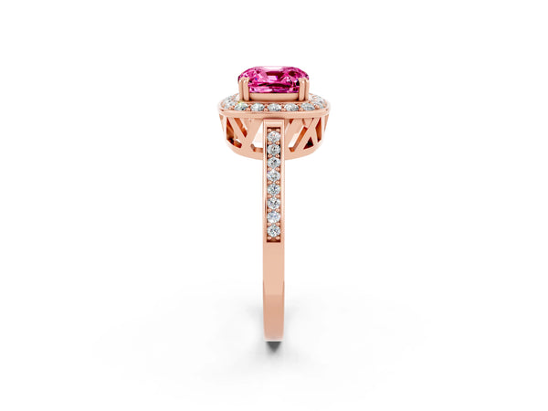 Rose gold Cushion Cut Pink Sapphire Halo Ring with Split Shank and Four-Prong Setting
