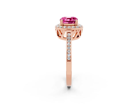 Rose gold Cushion Cut Pink Sapphire Halo Ring with Split Shank and Four-Prong Setting_14