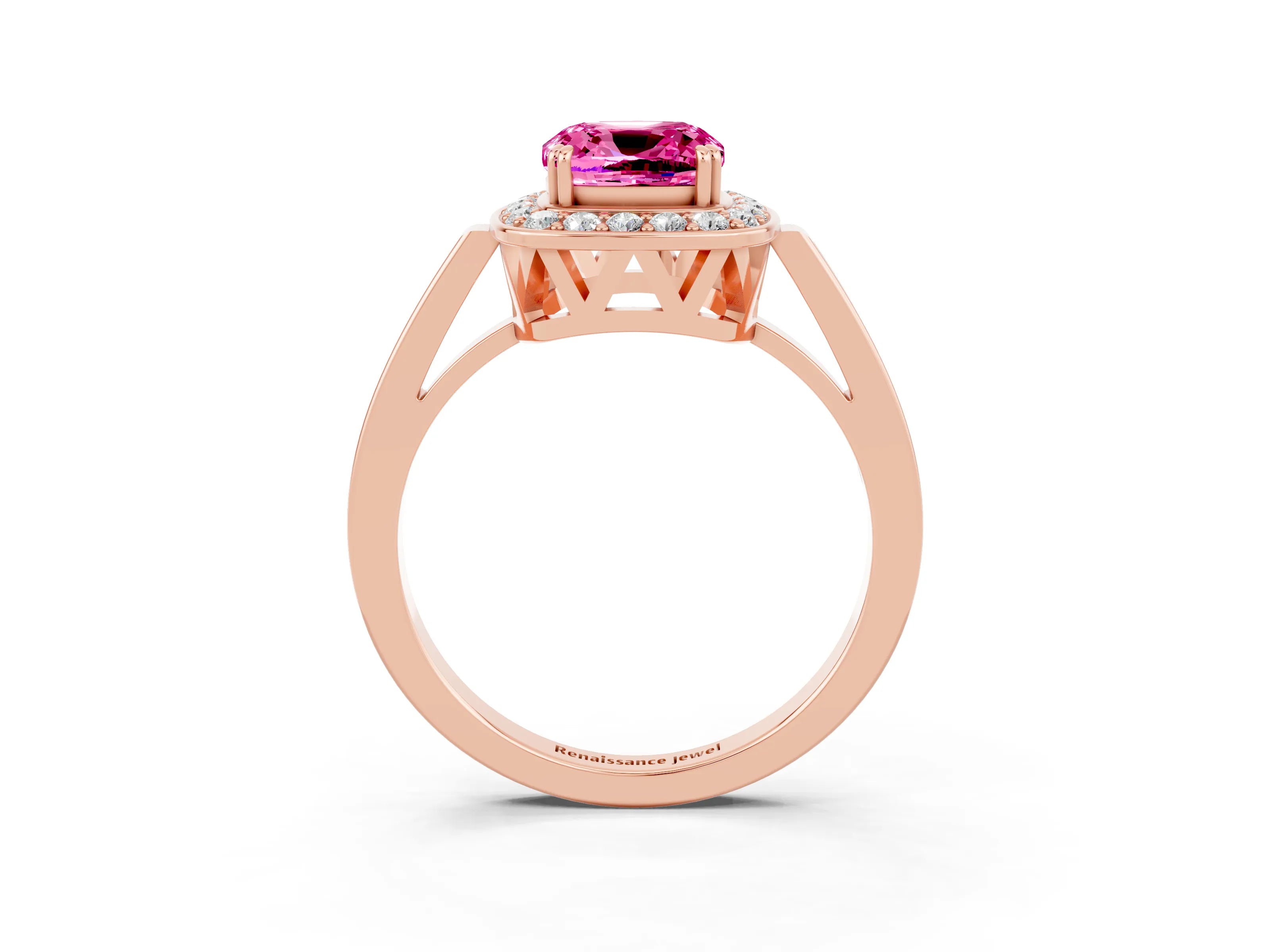 Rose gold Cushion Cut Pink Sapphire Halo Ring with Split Shank and Four-Prong Setting_15