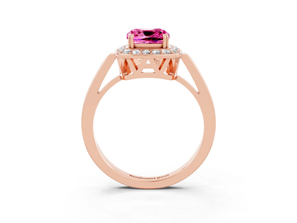 Rose gold Cushion Cut Pink Sapphire Halo Ring with Split Shank and Four-Prong Setting