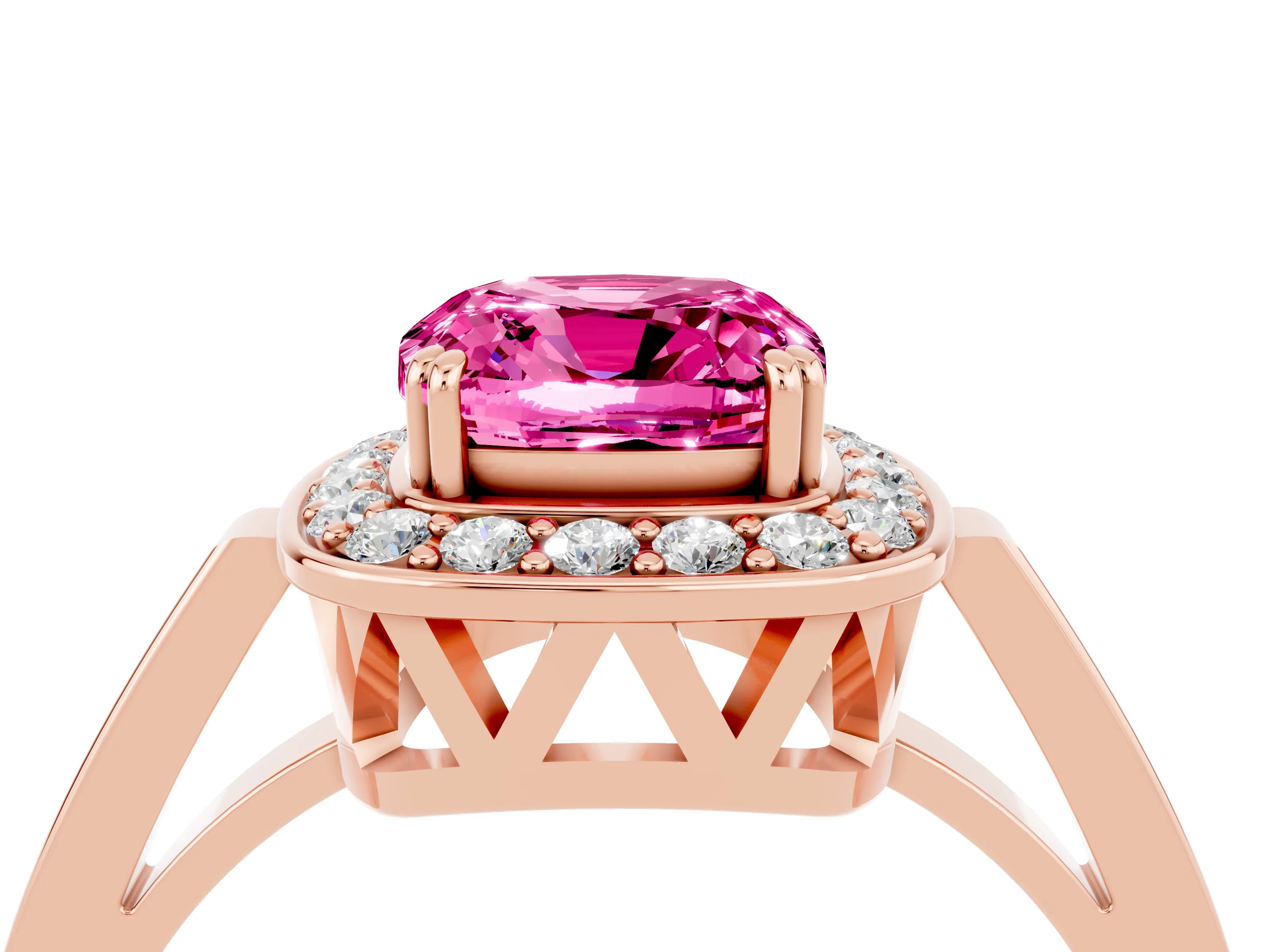 Rose gold Cushion Cut Pink Sapphire Halo Ring with Split Shank and Four-Prong Setting_16