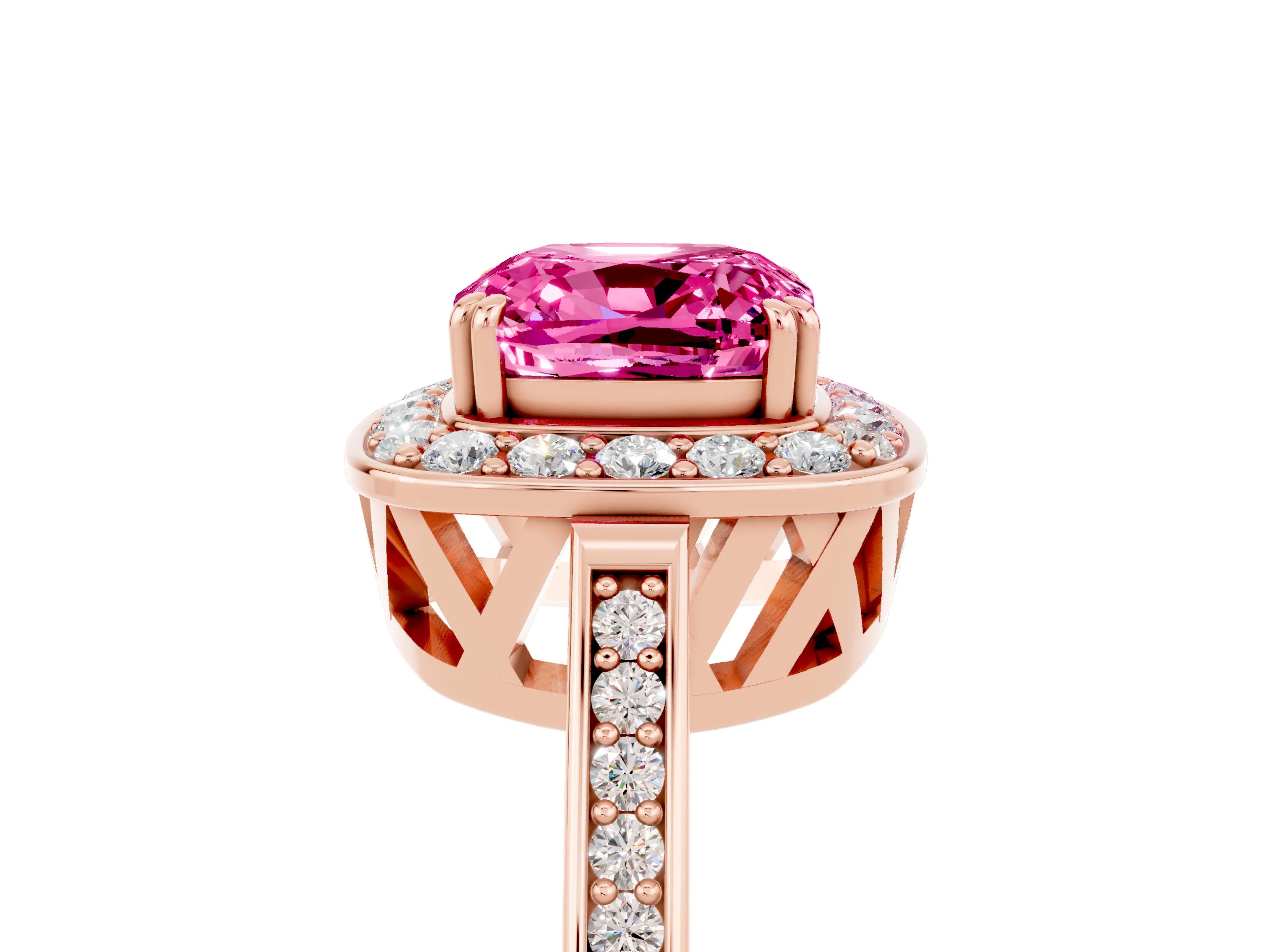 Rose gold Cushion Cut Pink Sapphire Halo Ring with Split Shank and Four-Prong Setting_17
