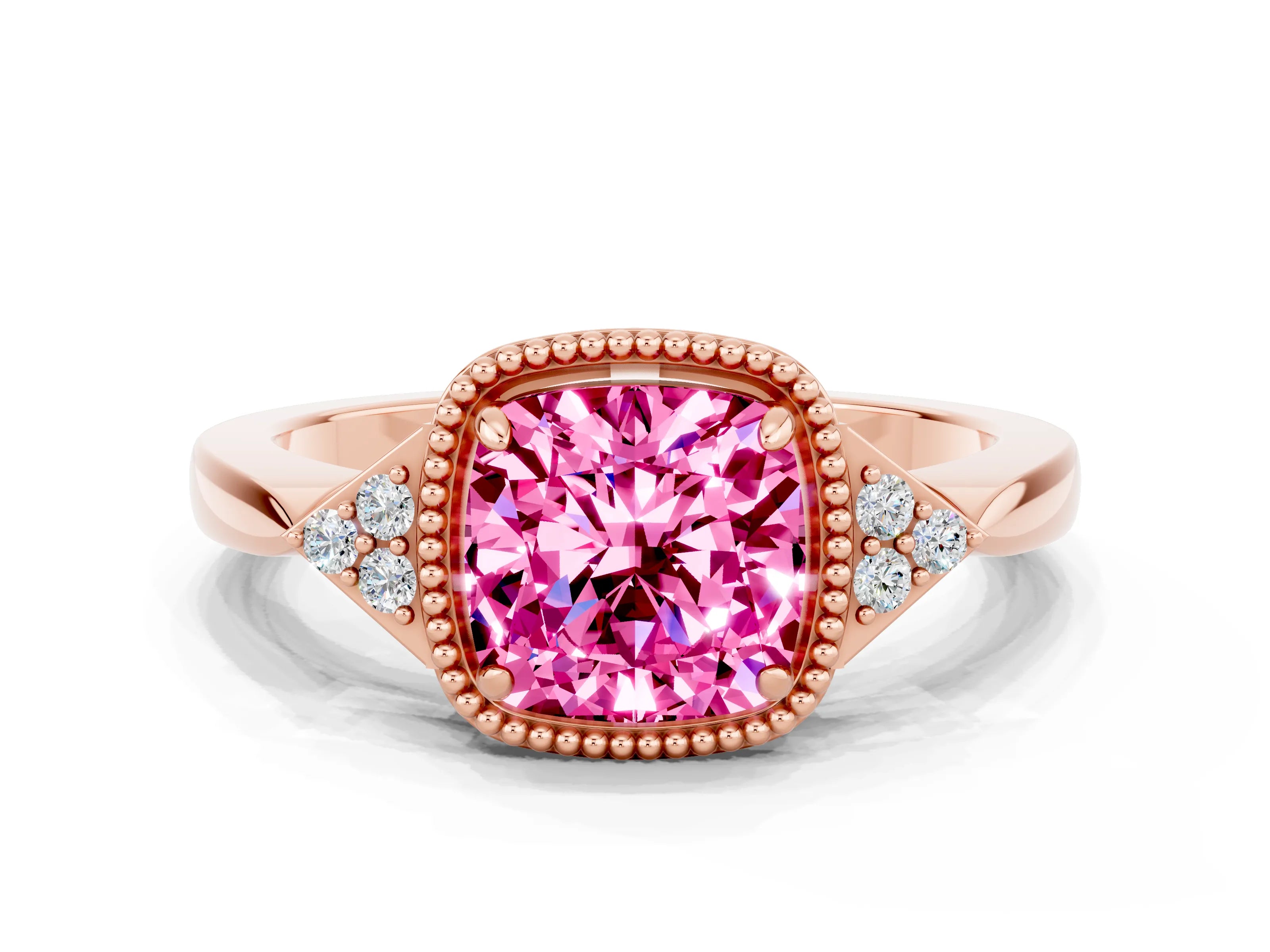 Rose gold Cushion Cut Pink Sapphire Halo Ring with Tapered Band and Four-Prong Setting