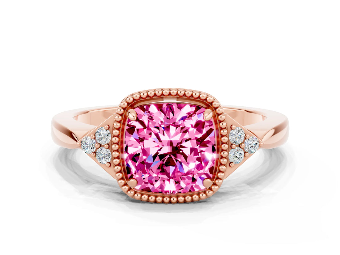 Rose gold Cushion Cut Pink Sapphire Halo Ring with Tapered Band and Four-Prong Setting
