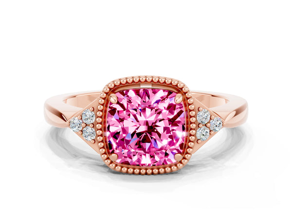 Rose gold Cushion Cut Pink Sapphire Halo Ring with Tapered Band and Four-Prong Setting