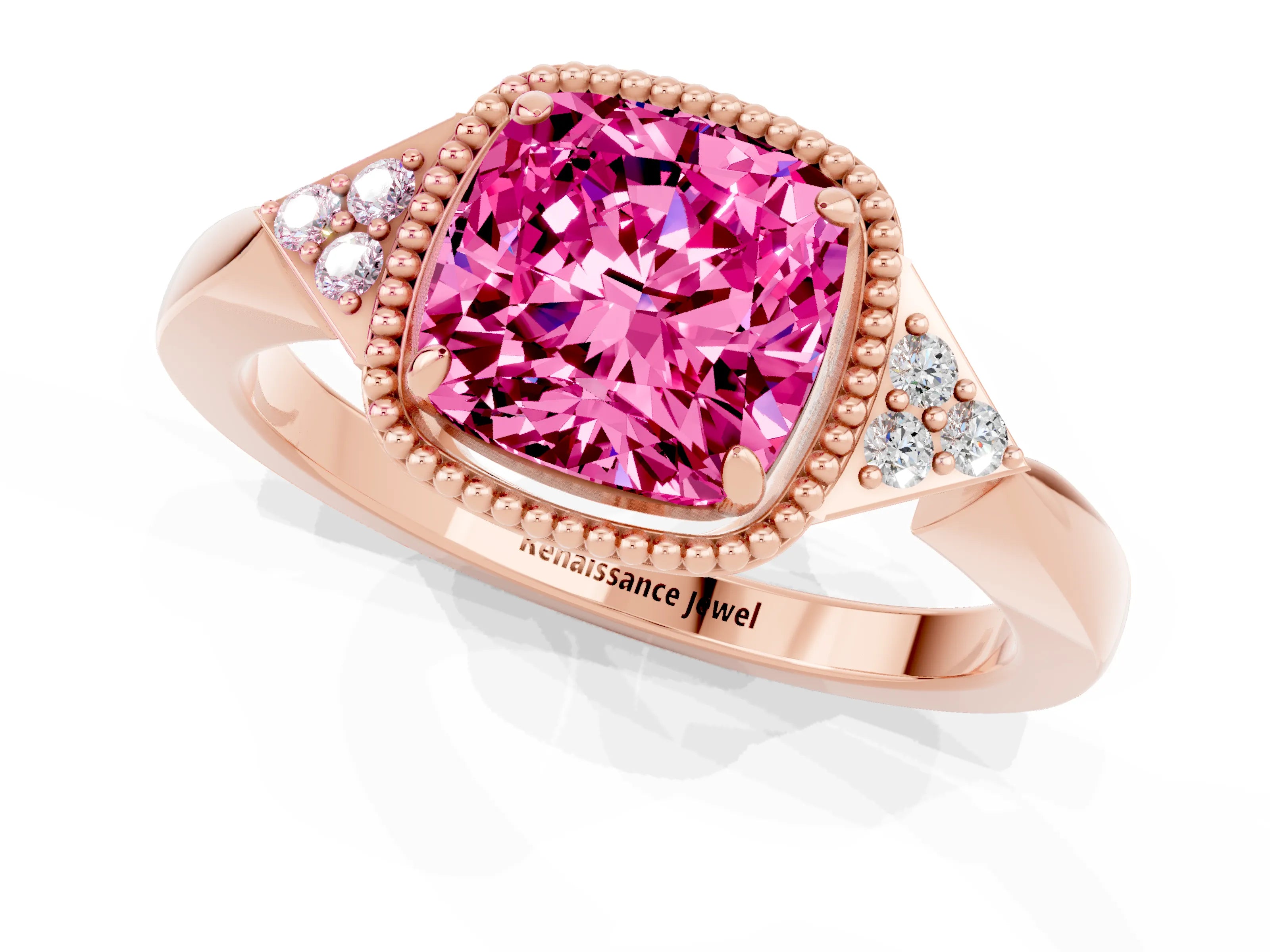 Rose gold Cushion Cut Pink Sapphire Halo Ring with Tapered Band and Four-Prong Setting_1