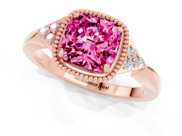 Rose gold Cushion Cut Pink Sapphire Halo Ring with Tapered Band and Four-Prong Setting