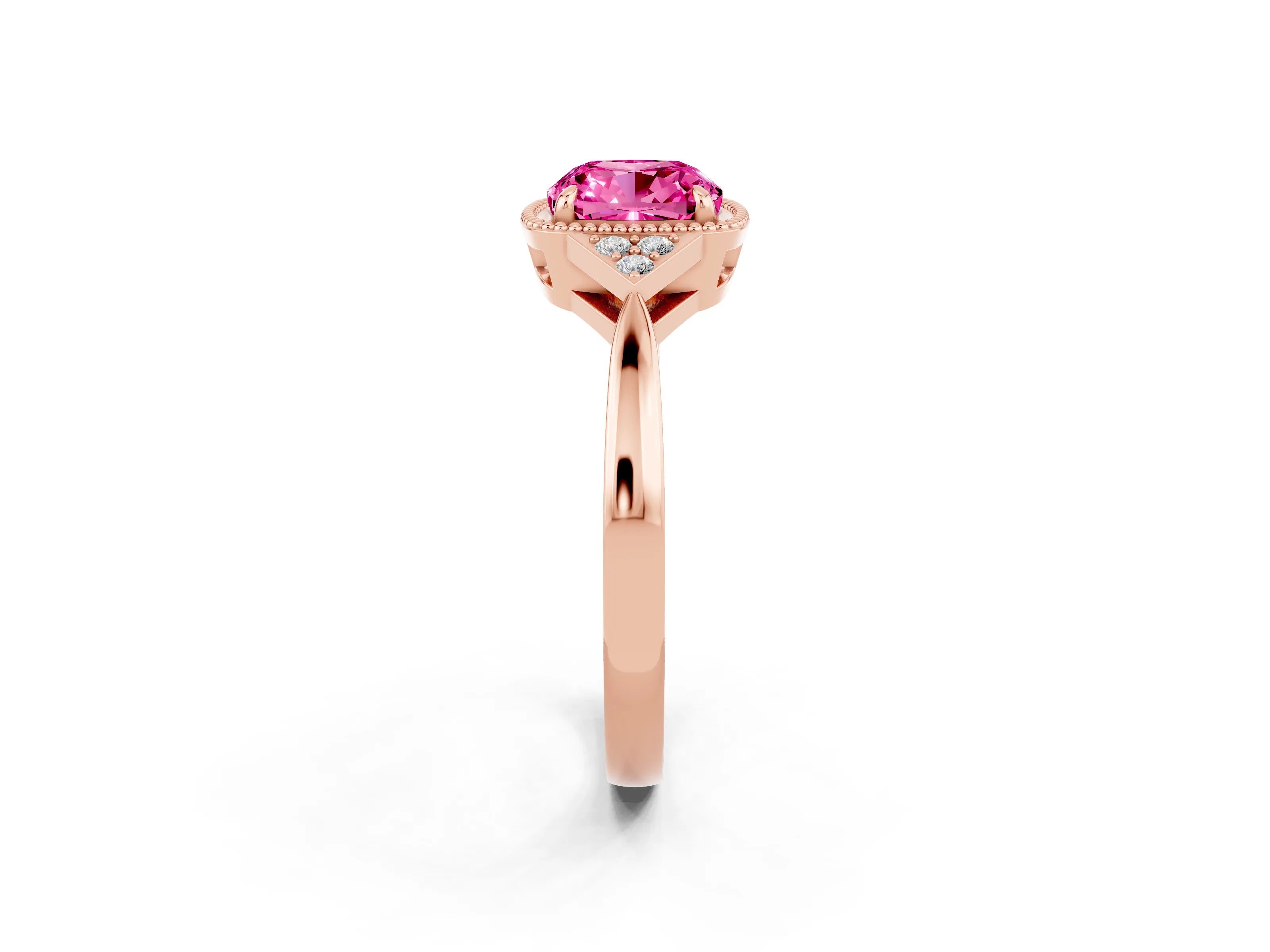 Rose gold Cushion Cut Pink Sapphire Halo Ring with Tapered Band and Four-Prong Setting_2
