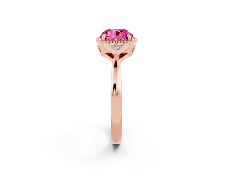 Rose gold Cushion Cut Pink Sapphire Halo Ring with Tapered Band and Four-Prong Setting_2