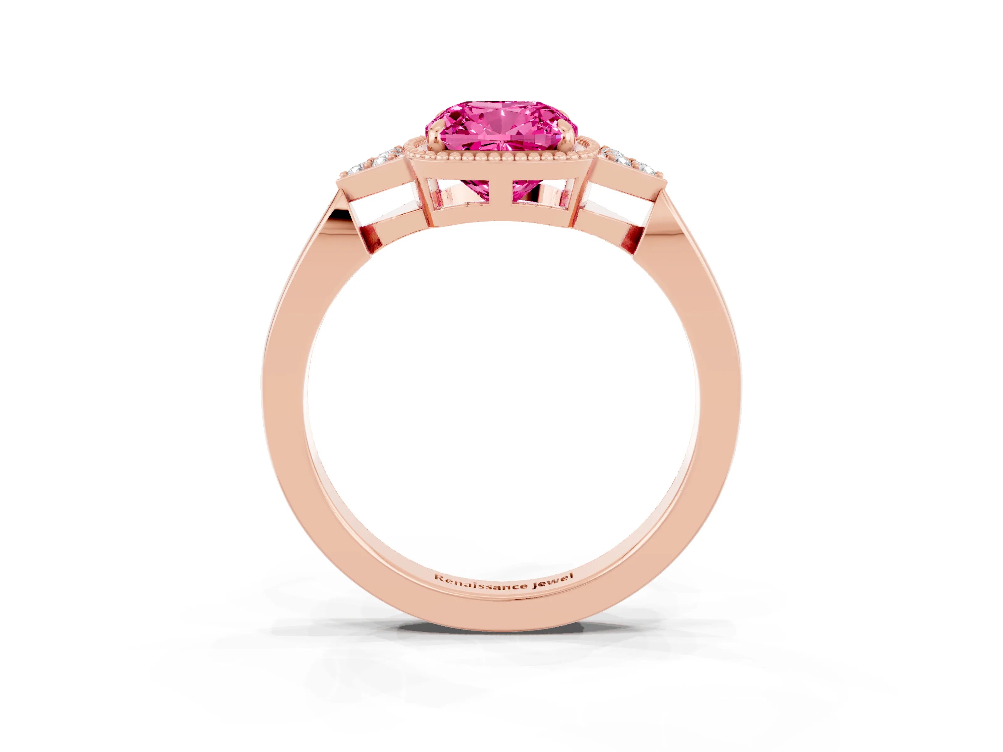 Rose gold Cushion Cut Pink Sapphire Halo Ring with Tapered Band and Four-Prong Setting_3