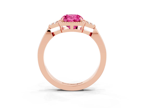 Rose gold Cushion Cut Pink Sapphire Halo Ring with Tapered Band and Four-Prong Setting