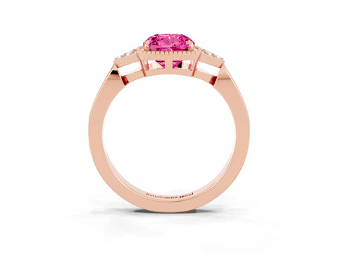 Rose gold Cushion Cut Pink Sapphire Halo Ring with Tapered Band and Four-Prong Setting_3