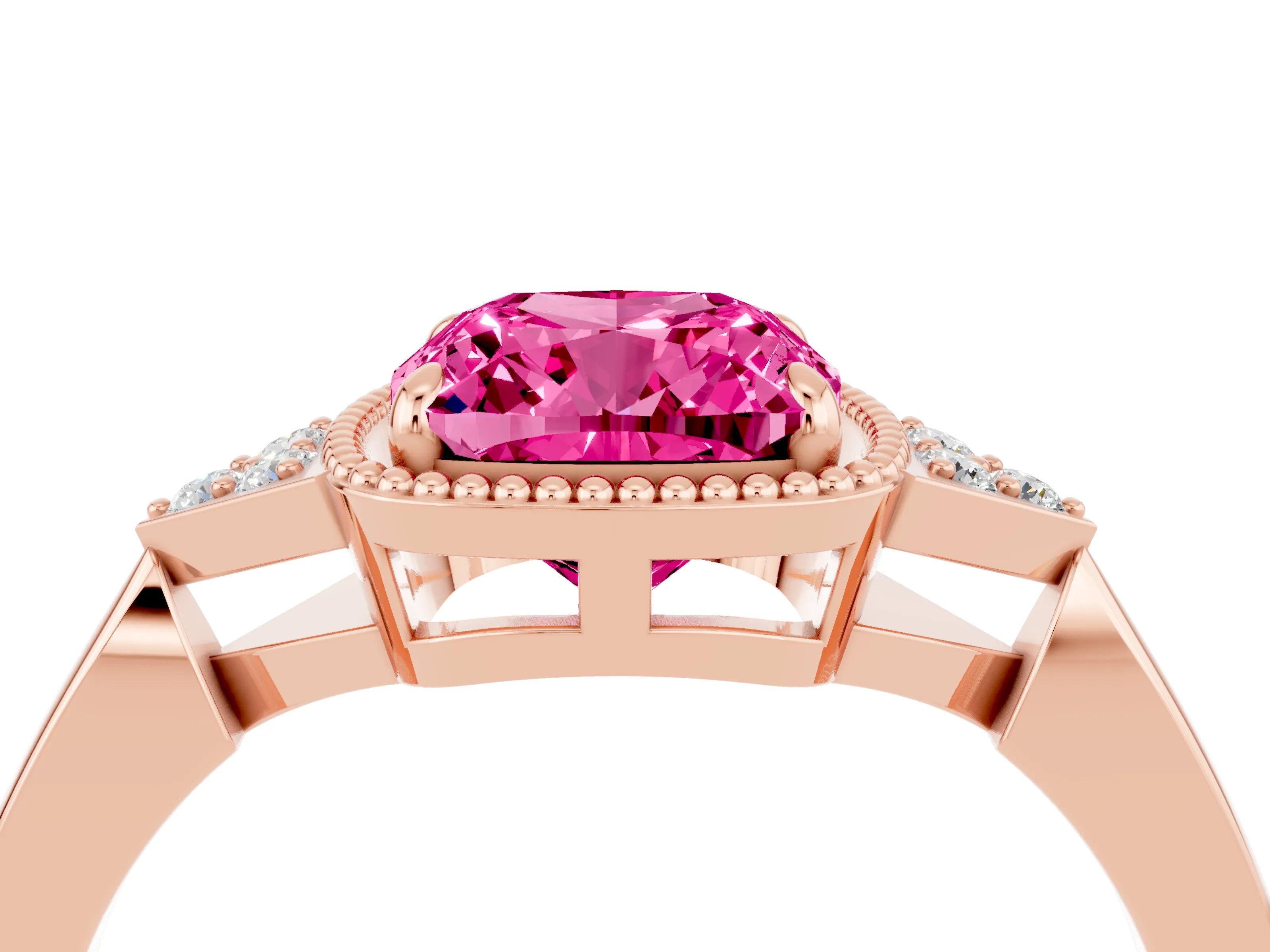 Rose gold Cushion Cut Pink Sapphire Halo Ring with Tapered Band and Four-Prong Setting_4