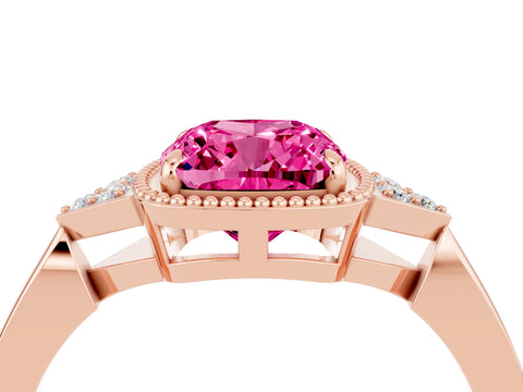 Rose gold Cushion Cut Pink Sapphire Halo Ring with Tapered Band and Four-Prong Setting_4