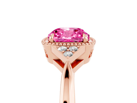 Rose gold Cushion Cut Pink Sapphire Halo Ring with Tapered Band and Four-Prong Setting_5