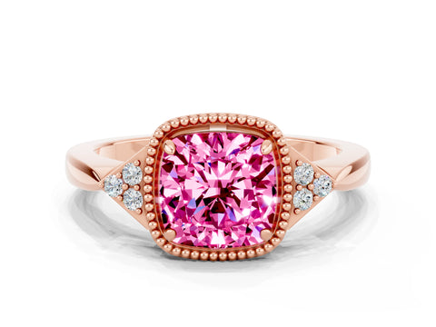 Rose gold Cushion Cut Pink Sapphire Halo Ring with Tapered Band and Four-Prong Setting
