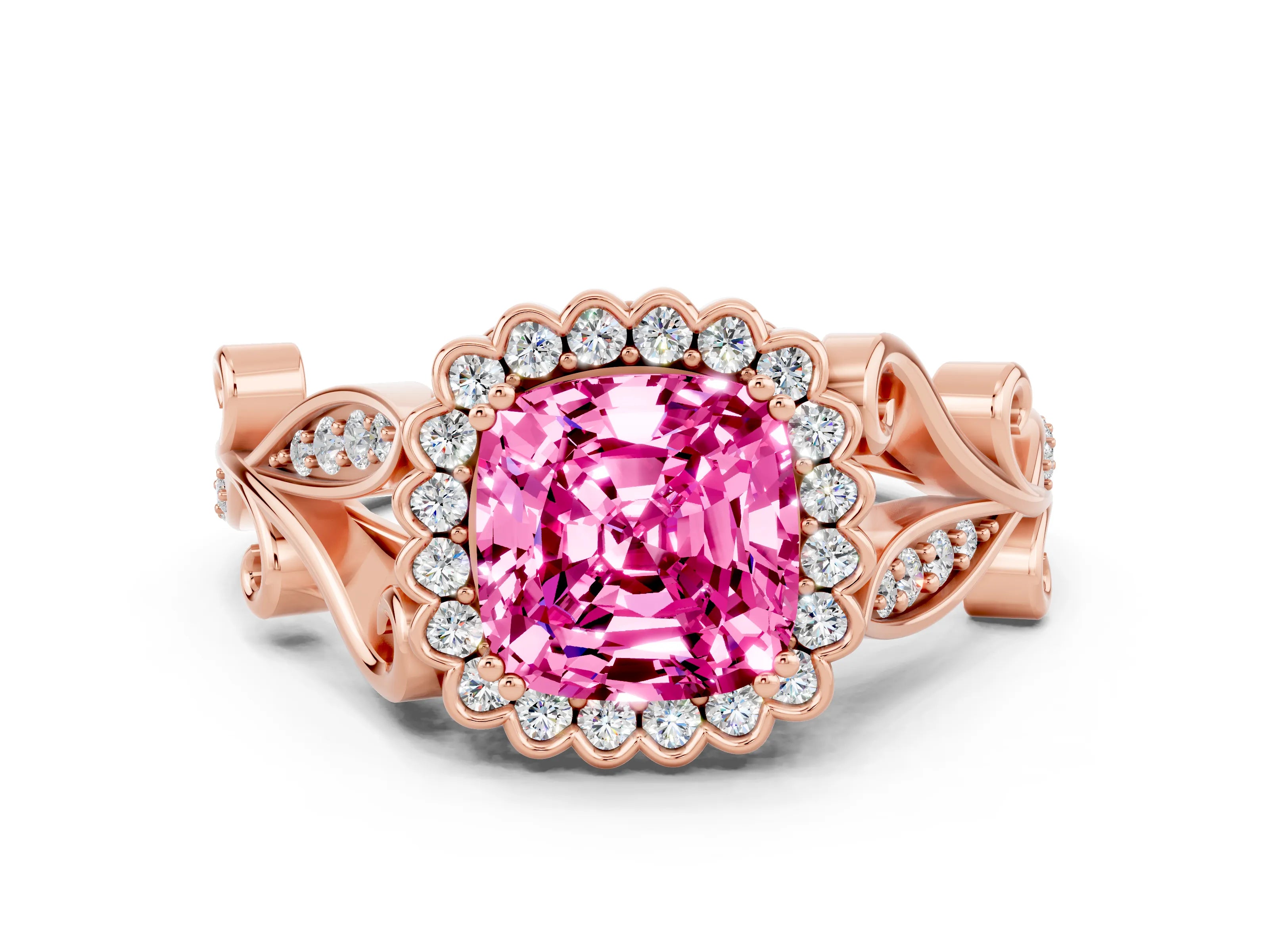 Rose gold Cushion Cut Pink Sapphire Halo Ring with Vintage Split Shank and Four-Prong Setting