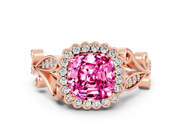 Rose gold Cushion Cut Pink Sapphire Halo Ring with Vintage Split Shank and Four-Prong Setting