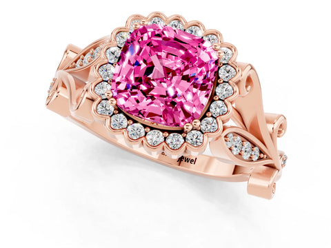 Rose gold Cushion Cut Pink Sapphire Halo Ring with Vintage Split Shank and Four-Prong Setting_1