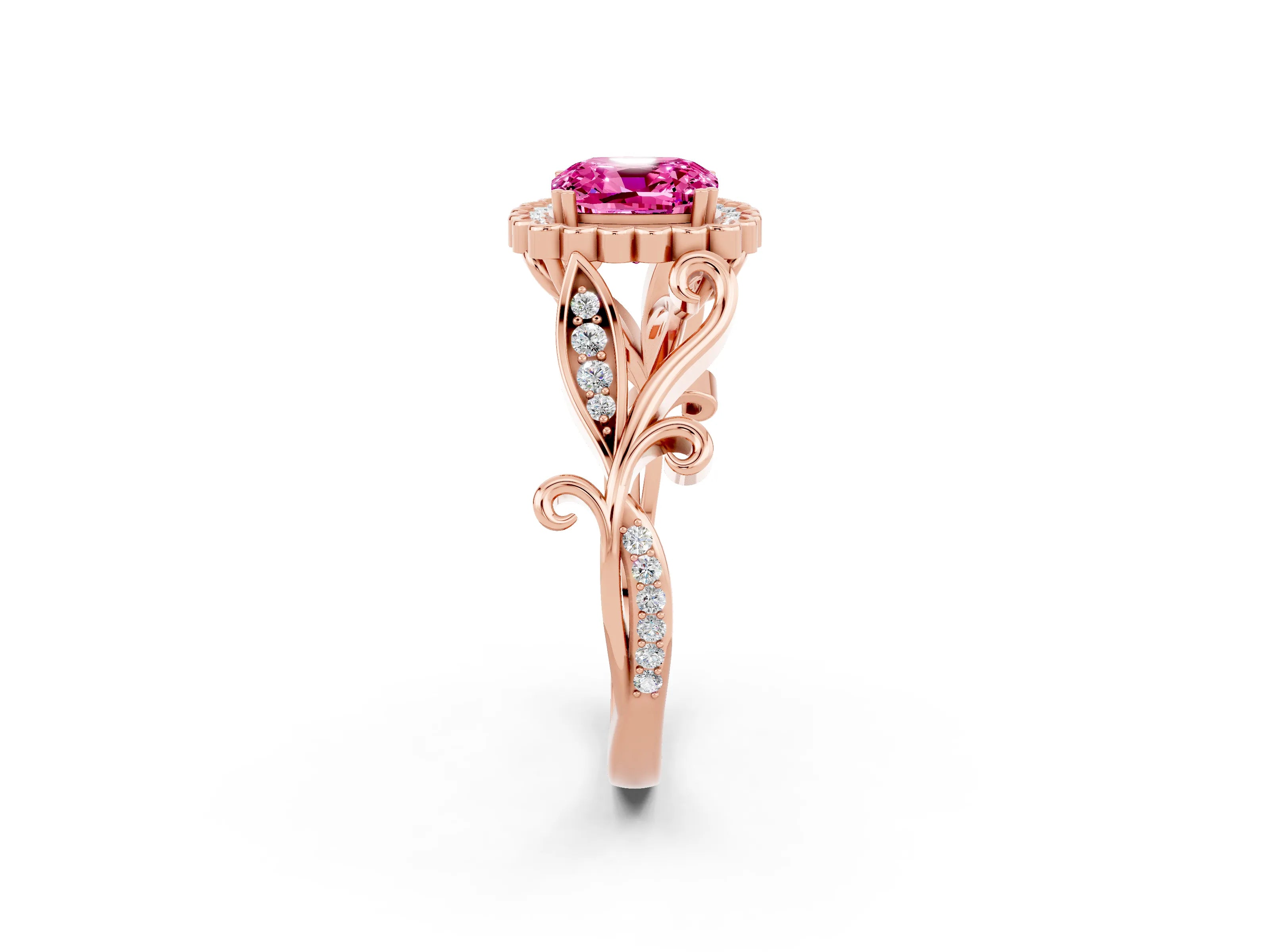 Rose gold Cushion Cut Pink Sapphire Halo Ring with Vintage Split Shank and Four-Prong Setting_2