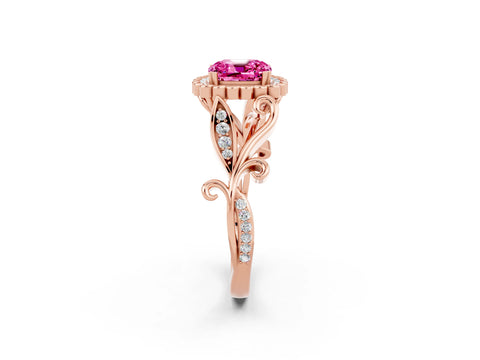 Rose gold Cushion Cut Pink Sapphire Halo Ring with Vintage Split Shank and Four-Prong Setting_2