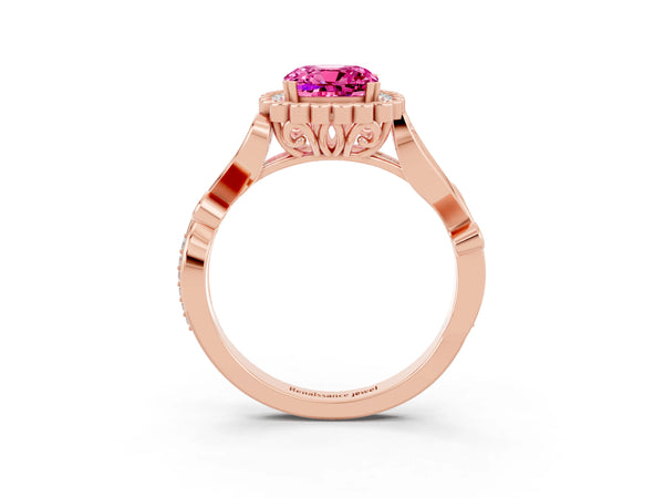 Rose gold Cushion Cut Pink Sapphire Halo Ring with Vintage Split Shank and Four-Prong Setting