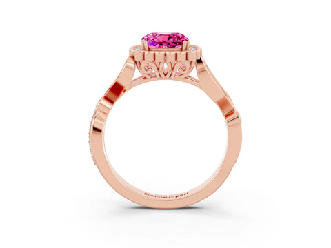 Rose gold Cushion Cut Pink Sapphire Halo Ring with Vintage Split Shank and Four-Prong Setting_3