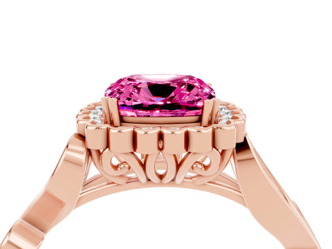 Rose gold Cushion Cut Pink Sapphire Halo Ring with Vintage Split Shank and Four-Prong Setting_4