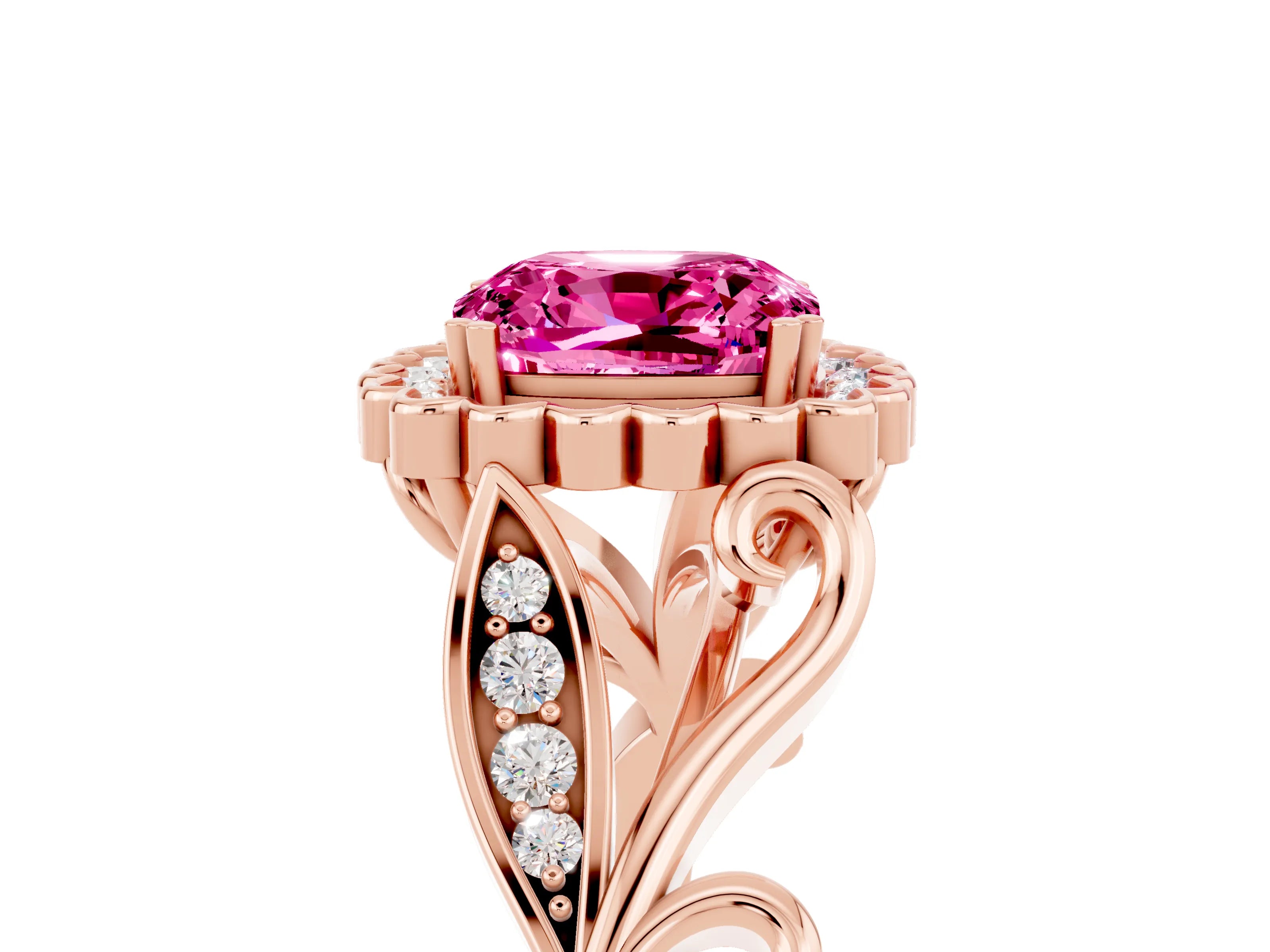 Rose gold Cushion Cut Pink Sapphire Halo Ring with Vintage Split Shank and Four-Prong Setting_5