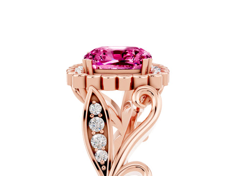 Rose gold Cushion Cut Pink Sapphire Halo Ring with Vintage Split Shank and Four-Prong Setting_5