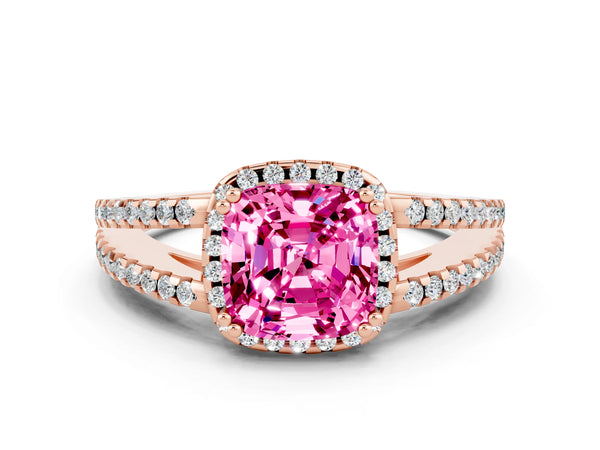 Rose gold Cushion Cut Pink Sapphire Halo Split Shank Engagement Ring