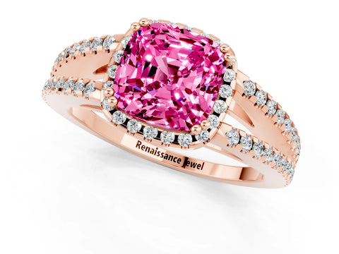 Rose gold Cushion Cut Pink Sapphire Halo Split Shank Engagement Ring_13