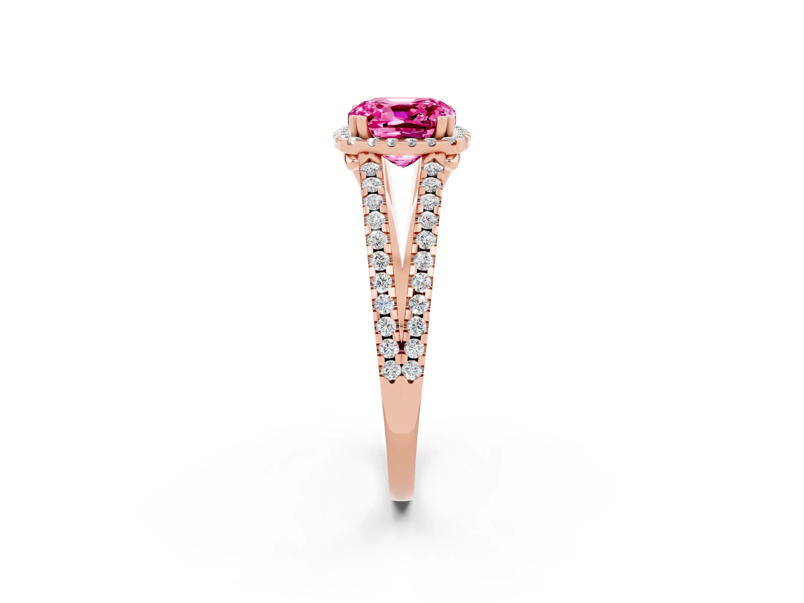 Rose gold Cushion Cut Pink Sapphire Halo Split Shank Engagement Ring_14