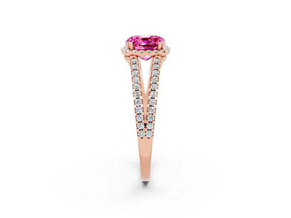 Rose gold Cushion Cut Pink Sapphire Halo Split Shank Engagement Ring
